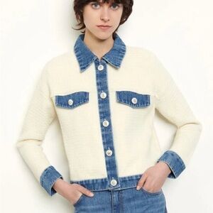 Sandro Two-Tone Cream and Blue Jean Jacket, missing button see description